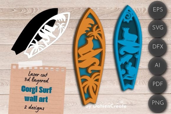 3D Layered SVG, Surf Wall Art, Corgi Dog: Laser Cutting and Wall Decor